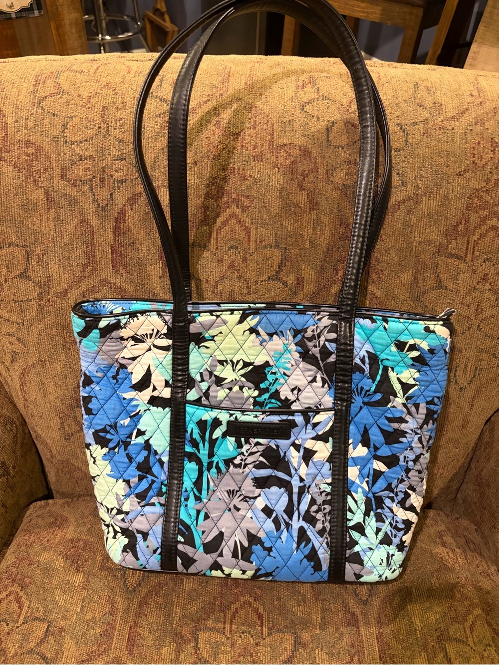 Vera Bradley Blue Aqua Floral Quilted Tote with Black Straps